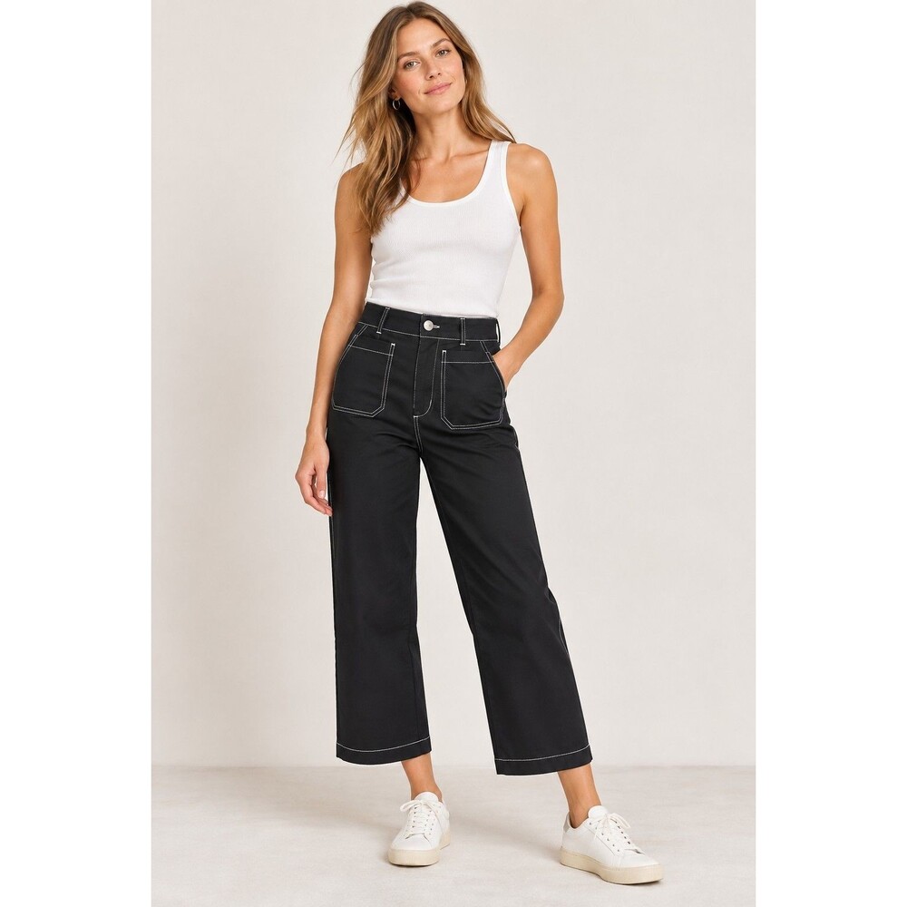 Maeve Colette Contrast Stitch Wide Leg Pants Women’s 28 Petite Black Cropped